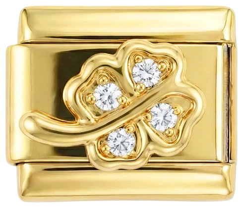 4-leaf Clover and its Stem, in Gold and White Stones