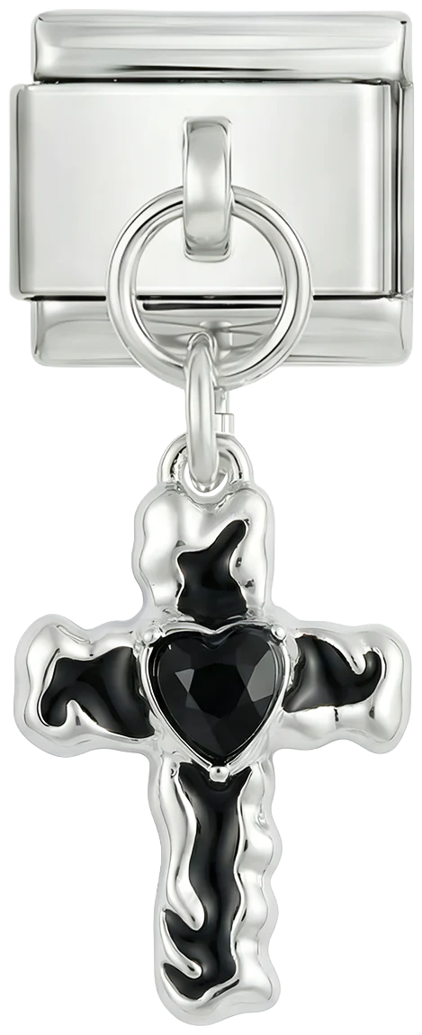 Black Cross with Heart, on Silver