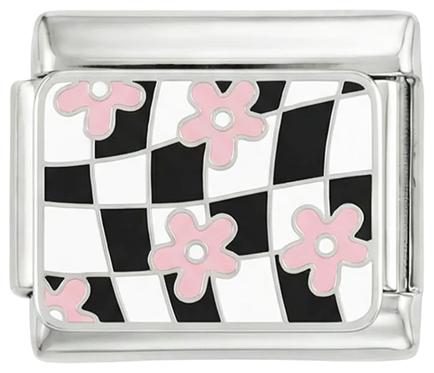 Black & White Checkers with Pink Flowers on Silver