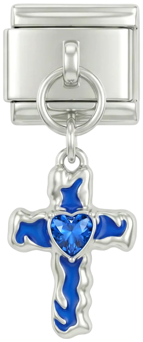 Blue Cross with Heart, on Silver