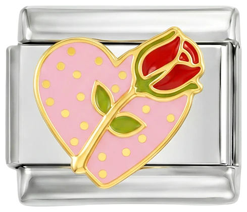 Glittery Pink Heart with Whole Red Rose, on Silver
