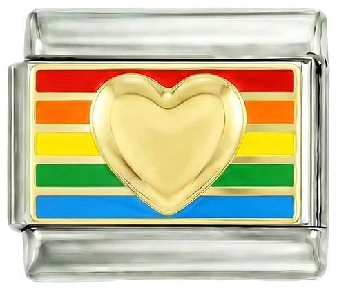 LGBTQ+ Flag, Gold Heart, on Silver