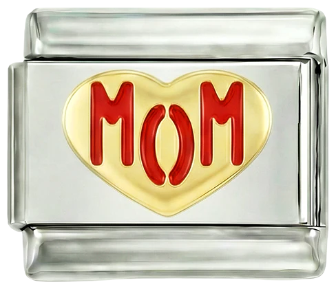 Heart in Gold, Love Mom in Red, on silver