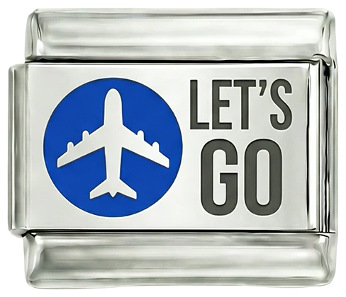 Let's Go with Plane on Blue Circle on Silver