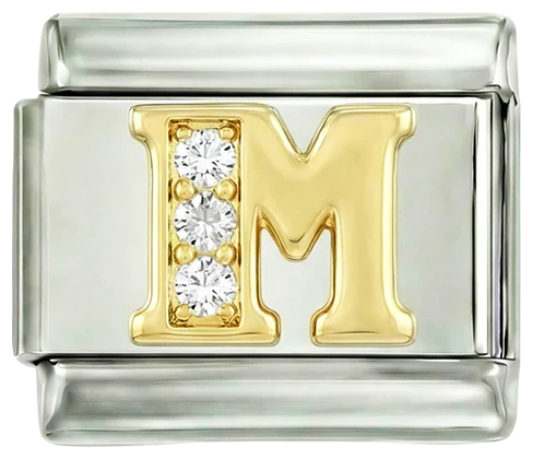 Letter M in Gold with Stones, on Silver