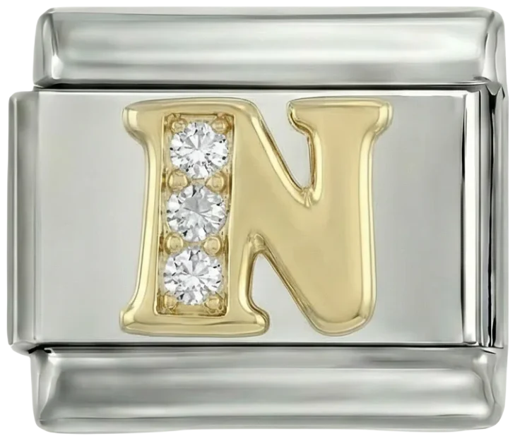 Letter N in Gold with Stones, on Silver