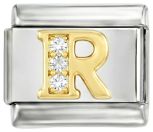 Letter R in Gold with Stones, on Silver
