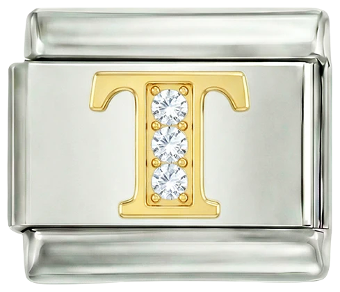 Letter T in Gold with Stones, on Silver