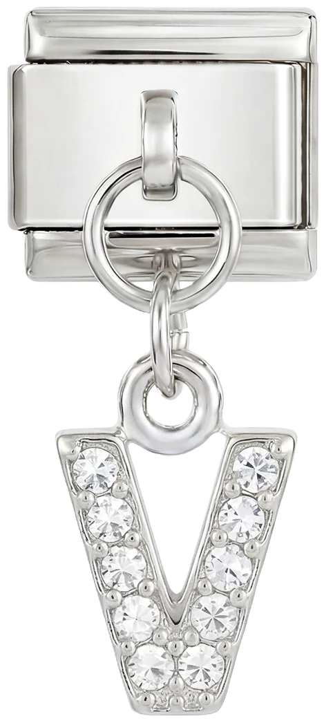 Letter V with stones, Hanging, on Silver