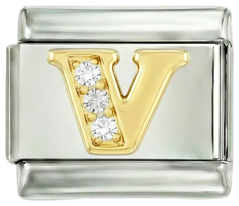 Letter V in Gold with Stones, on Silver