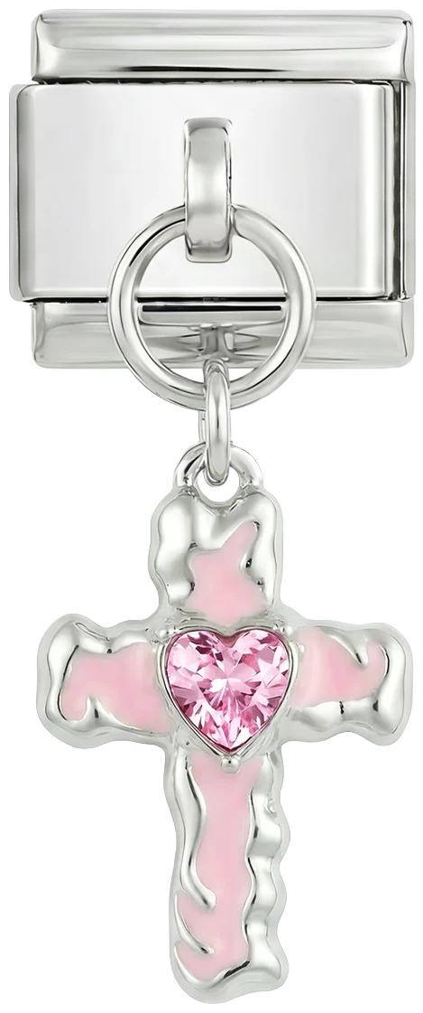 Pink Cross with Heart, on Silver