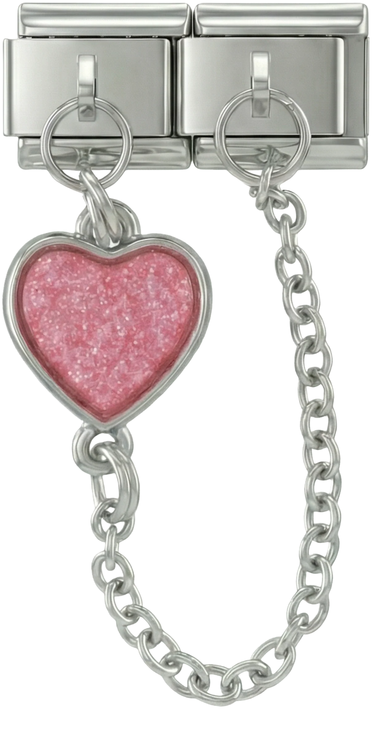 Pink Heart, Double Linked Charms, on Silver