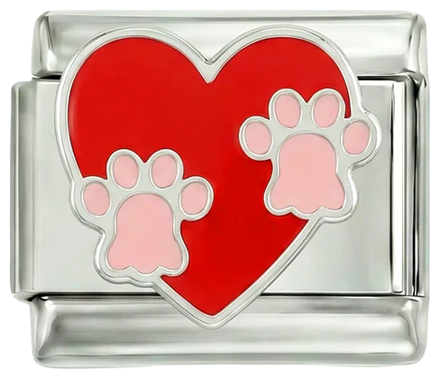Pink Paw Prints in Red Heart on Silver