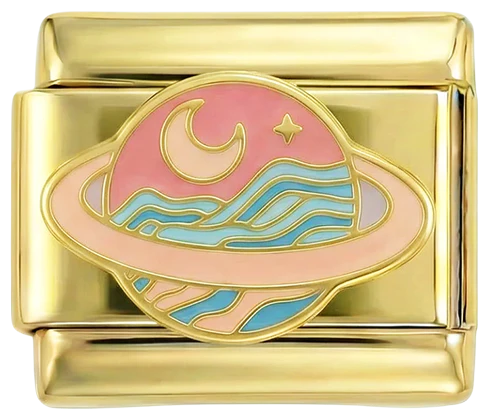 Pink Saturn with Moon on Gold